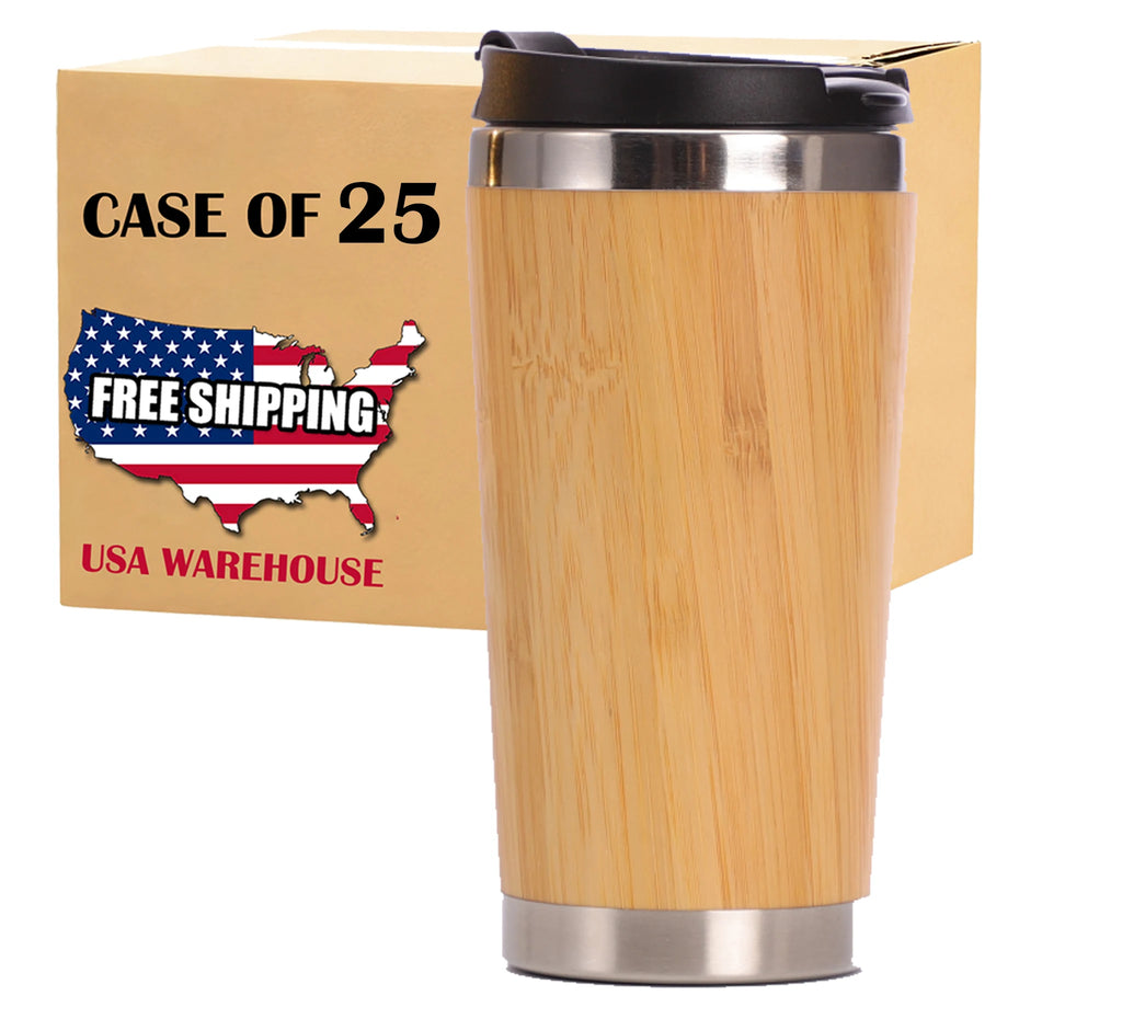 USA Warehouse Pack of 25 Pcs 15oz Laserable Bamboo Coffee Mug Stainless Steel Thermal Tumbler for Laser Engrave Blank